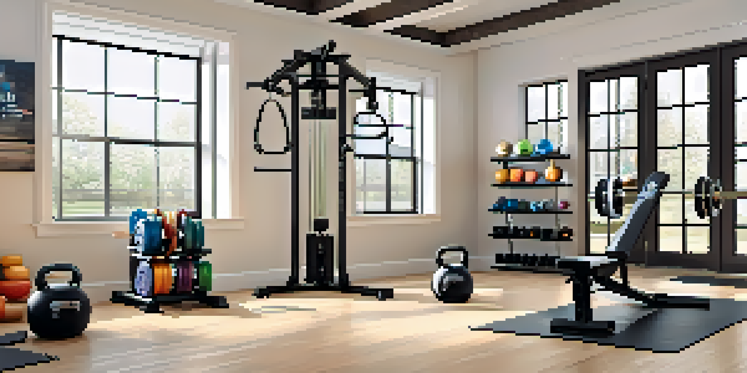 A spacious home gym with dumbbells, resistance bands, kettlebells, and a motivational quote on the wall, illuminated by natural light.