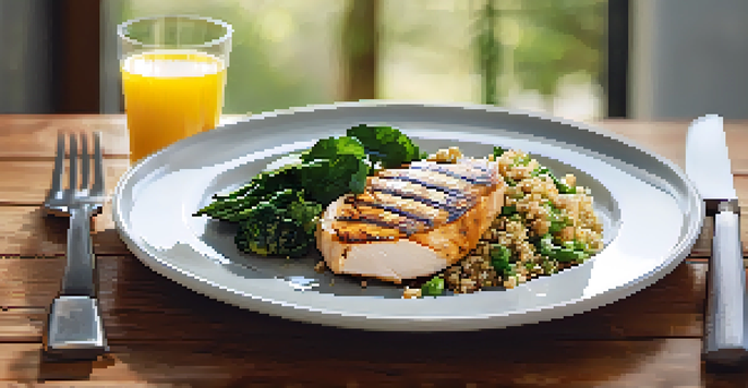 A plate of grilled chicken, quinoa, and vegetables on a wooden table, with a glass of water beside it.