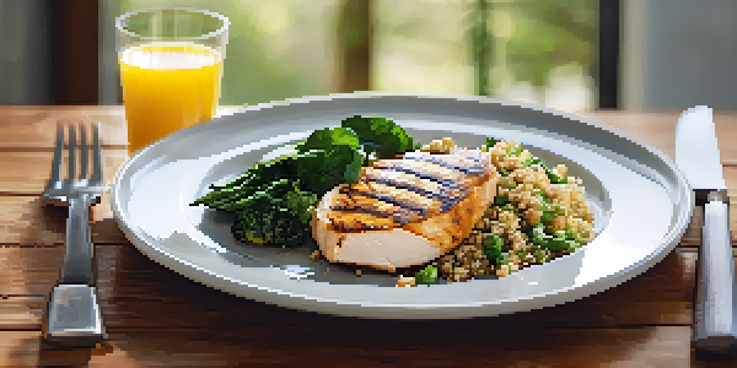 A plate of grilled chicken, quinoa, and vegetables on a wooden table, with a glass of water beside it.