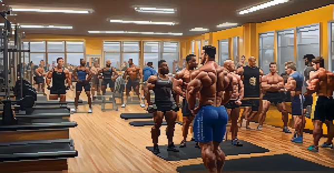A diverse group of bodybuilders training together in a warm, inviting gym, showcasing support and positivity.