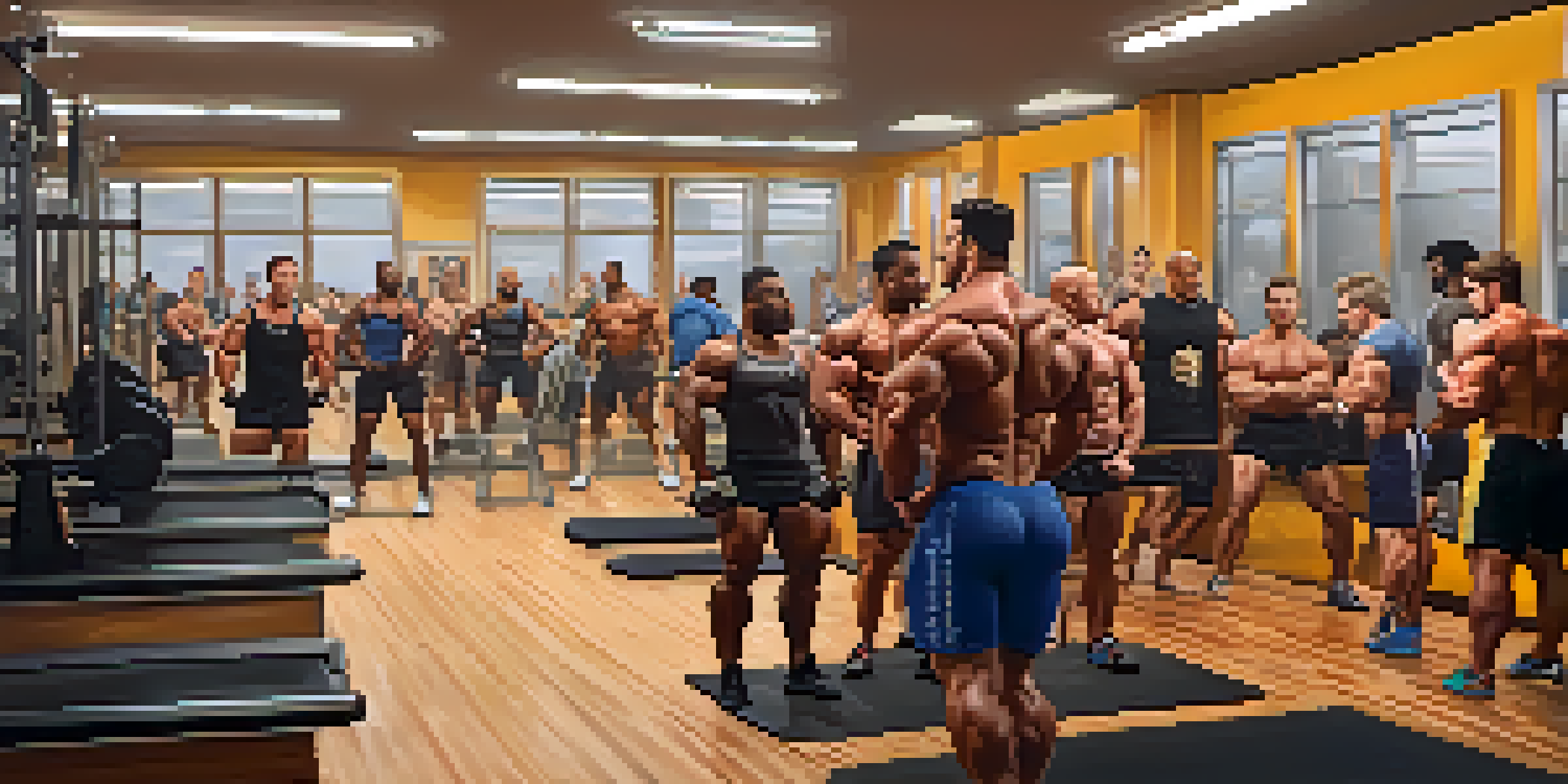 A diverse group of bodybuilders training together in a warm, inviting gym, showcasing support and positivity.