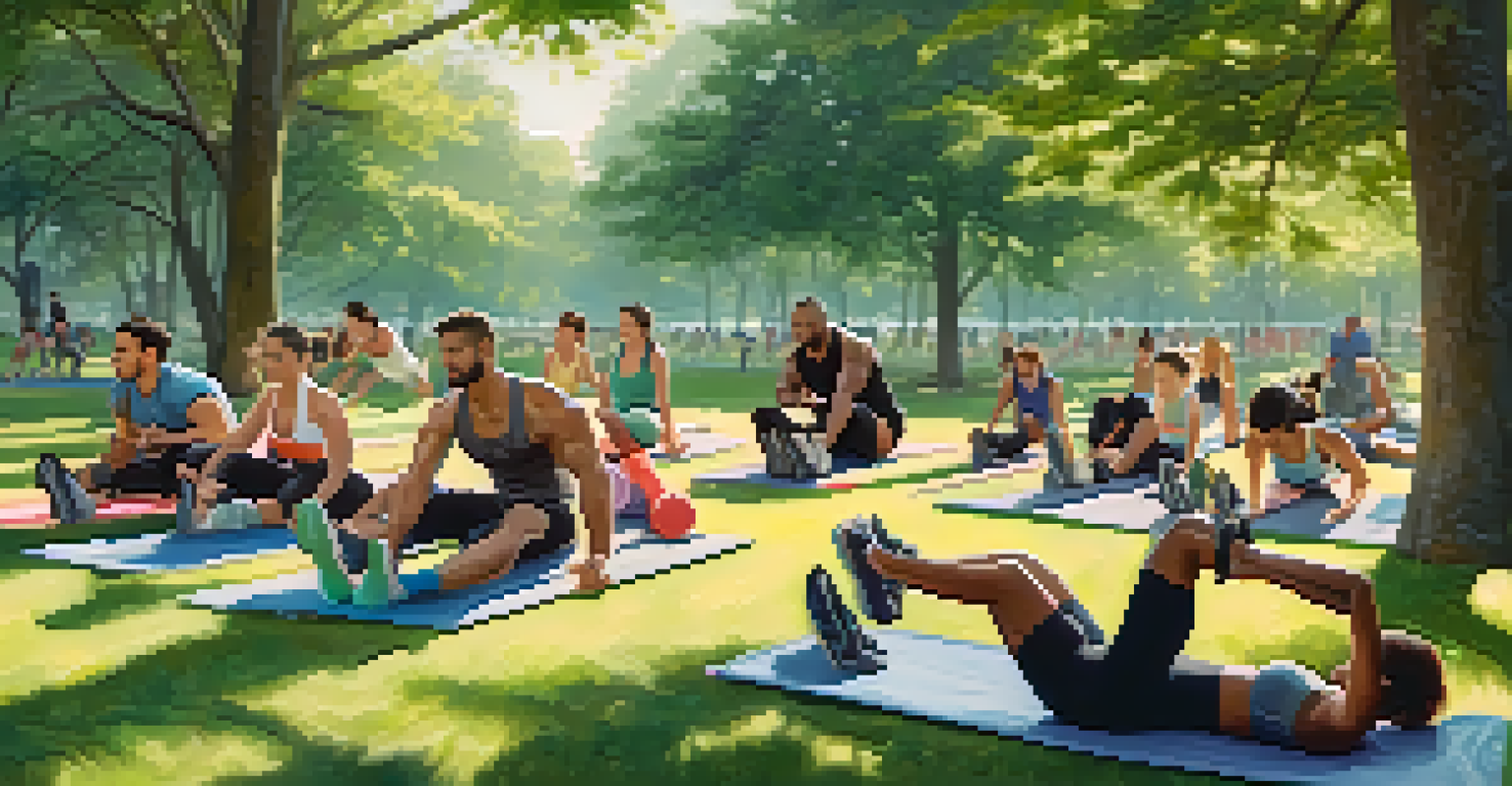 A diverse group of people exercising together in a park, showing support and teamwork.
