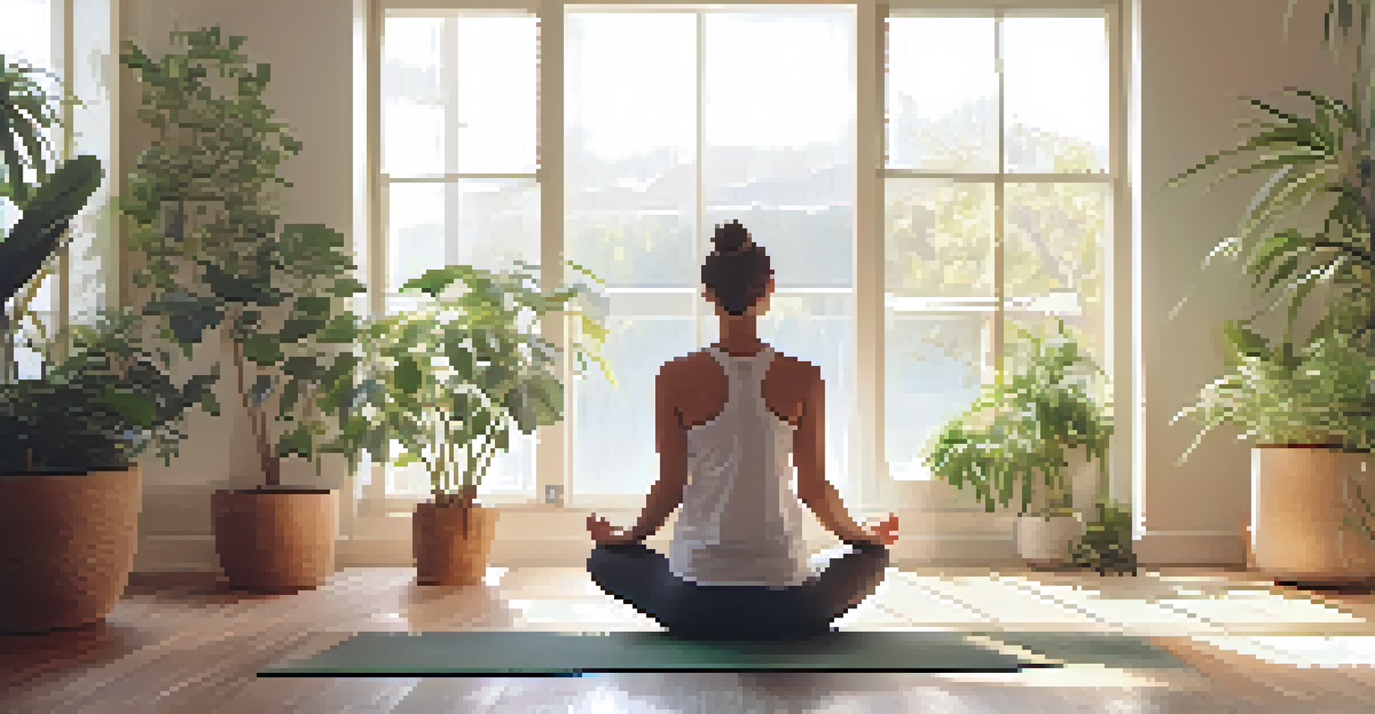 A close-up of a person stretching on a yoga mat surrounded by indoor plants, with soft sunlight creating a calming atmosphere.