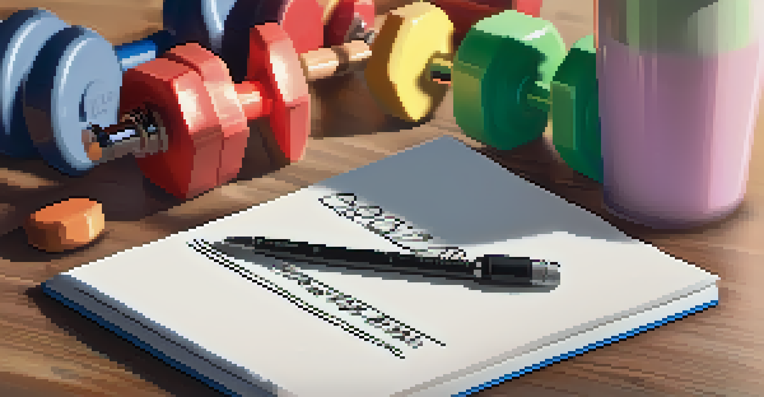 A close-up of a notepad with SMART goals, a protein shake, and dumbbells in a gym setting.
