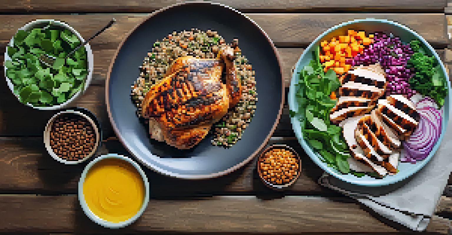 A colorful plate of grilled chicken, quinoa, lentils, and salad on a rustic wooden table.