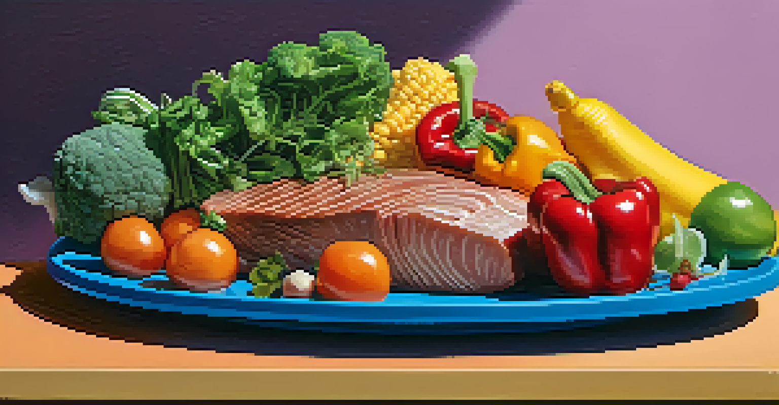 A colorful plate of nutritious food for bodybuilders, featuring lean proteins and vegetables, next to a water bottle, showcasing a balanced diet.