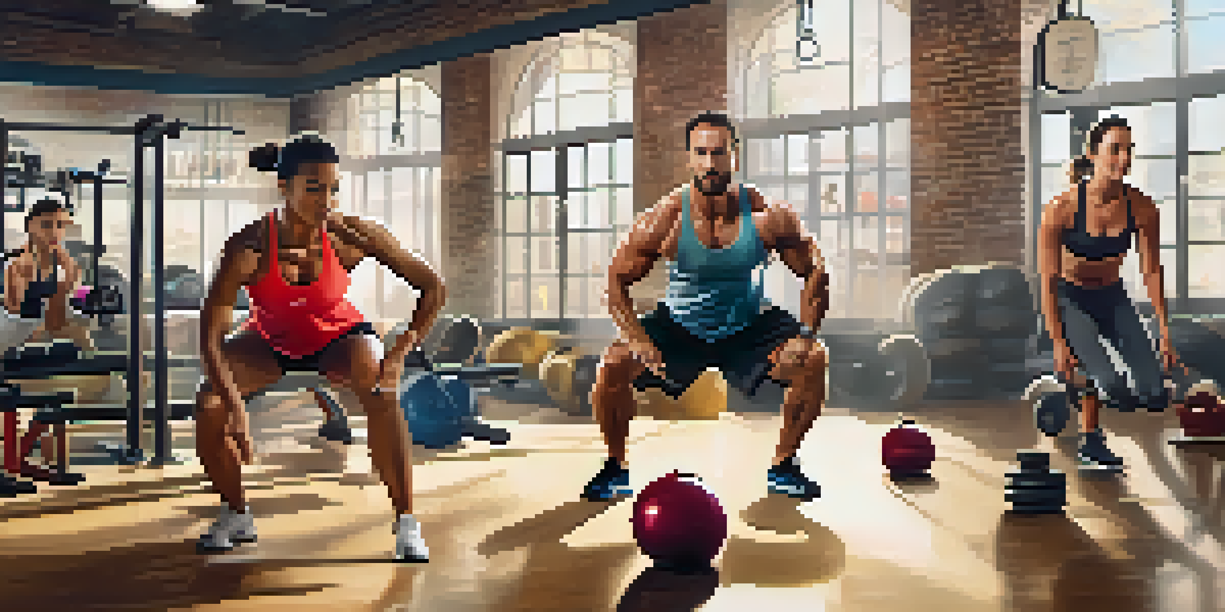 A diverse group of individuals engaged in functional fitness exercises in a bright gym, showcasing kettlebell swings, deadlifts, and push-ups.