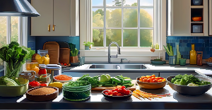 A kitchen countertop filled with colorful vegetables, lean proteins, and whole grains, illuminated by natural light.