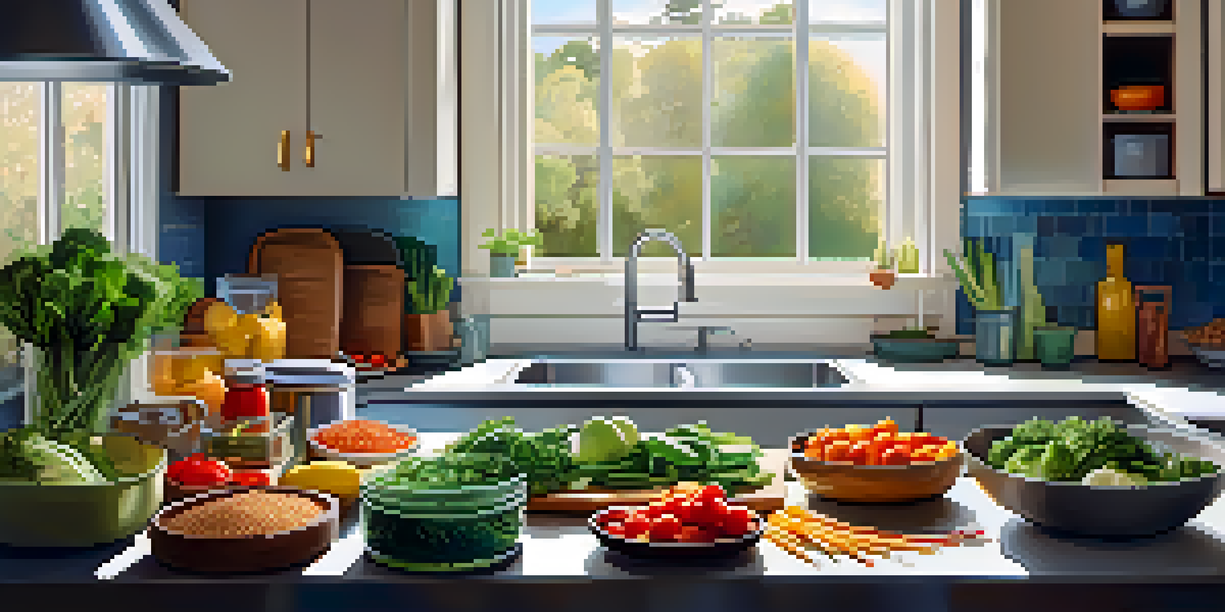 A kitchen countertop filled with colorful vegetables, lean proteins, and whole grains, illuminated by natural light.