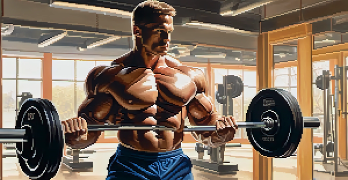 A bodybuilder in a gym, lifting weights with well-defined muscles and focused expression, surrounded by gym equipment and motivational posters.