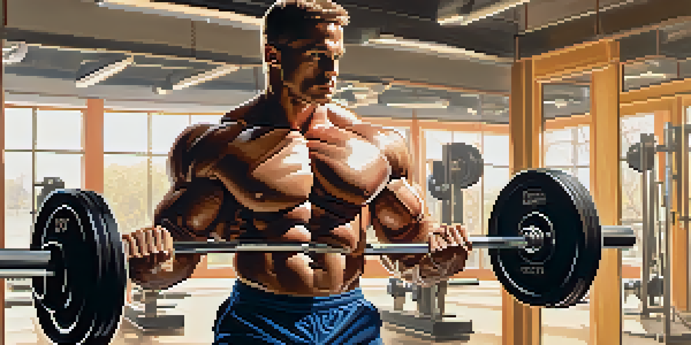 A bodybuilder in a gym, lifting weights with well-defined muscles and focused expression, surrounded by gym equipment and motivational posters.