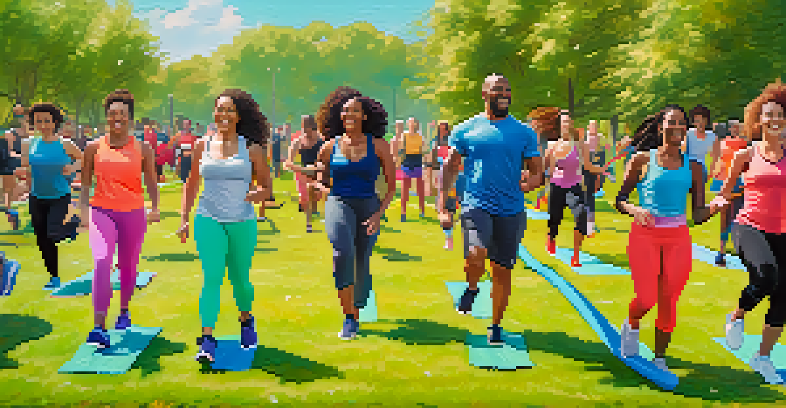 A diverse group of individuals enjoying a workout session in a park, smiling and using resistance bands, surrounded by greenery.