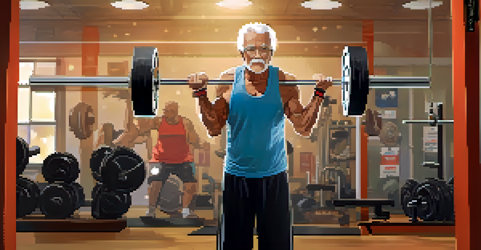 An older adult lifting lighter weights in a gym, demonstrating focus and proper form in a well-lit environment.