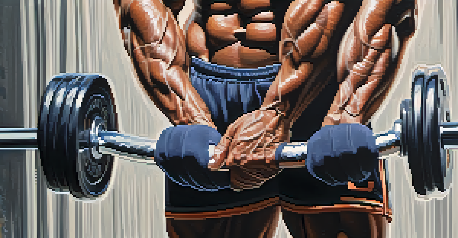 A close-up of a bodybuilder's hands gripping a barbell, with calloused palms and a dramatic lighting that emphasizes strength and effort.
