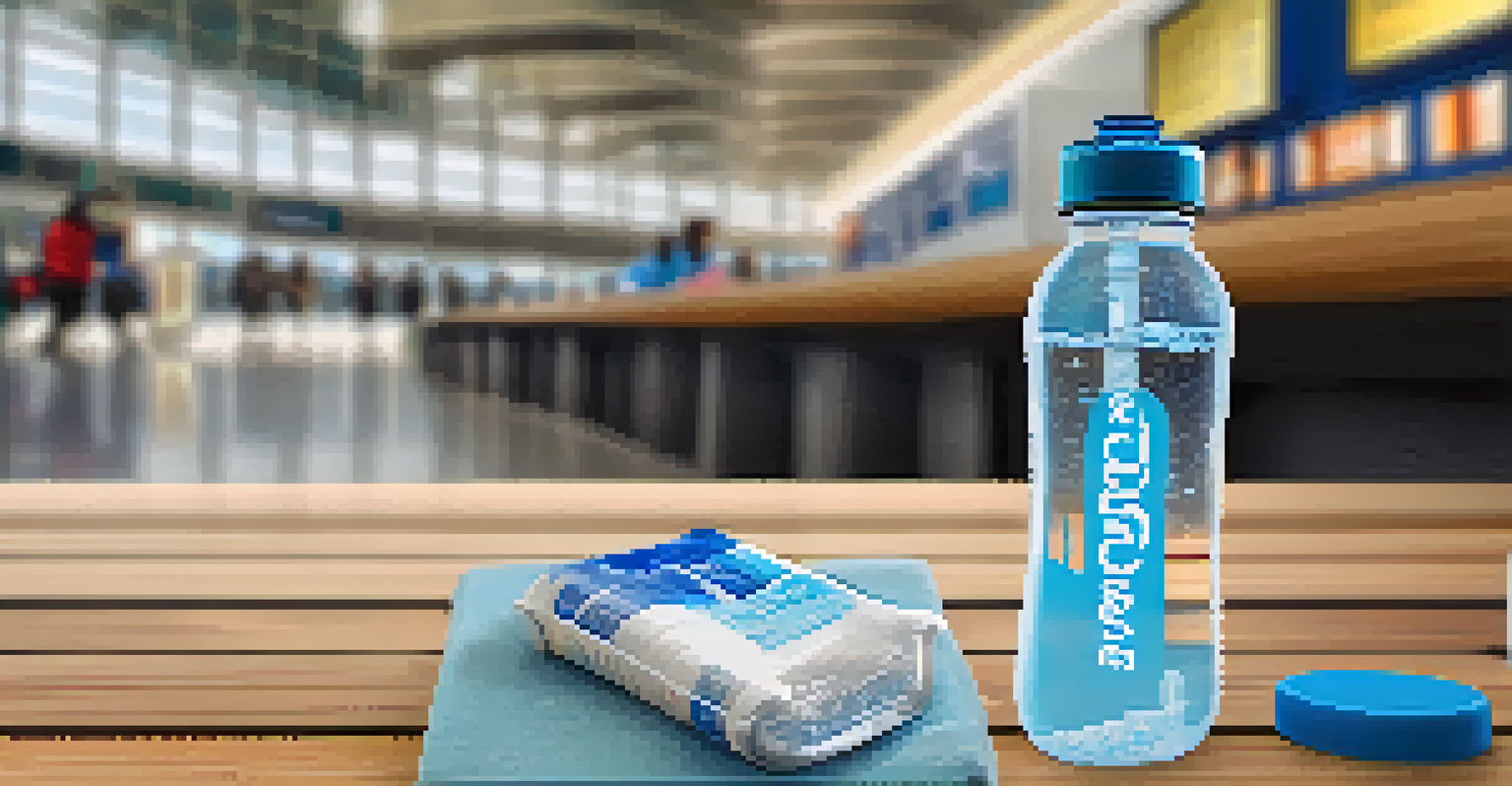 A reusable water bottle and electrolyte tablets on an airport bench with blurred travelers in the background.