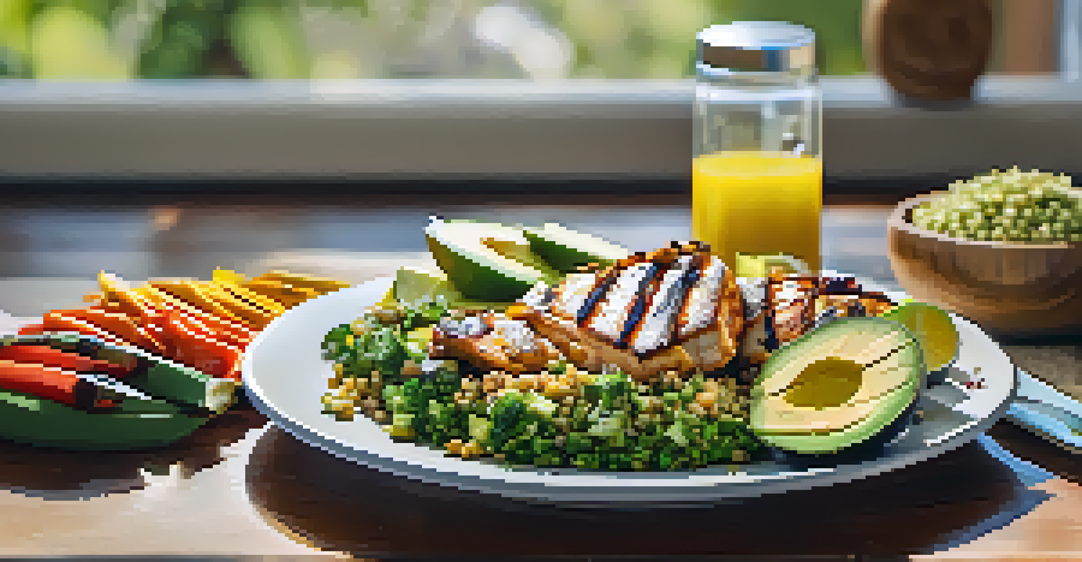 A colorful meal prep featuring grilled chicken, quinoa, and avocado, promoting healthy nutrition.