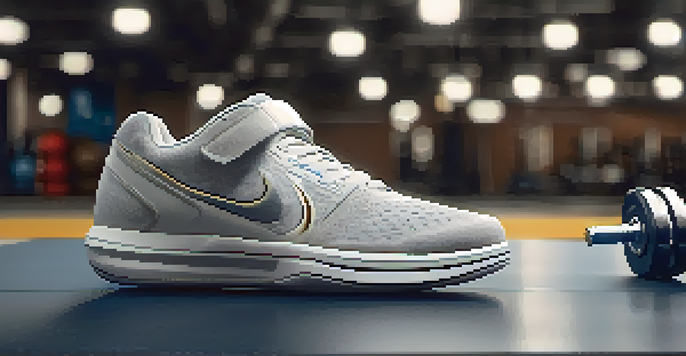 A pair of gym shoes with a flat sole placed on a gym floor, illuminated by bright lights.
