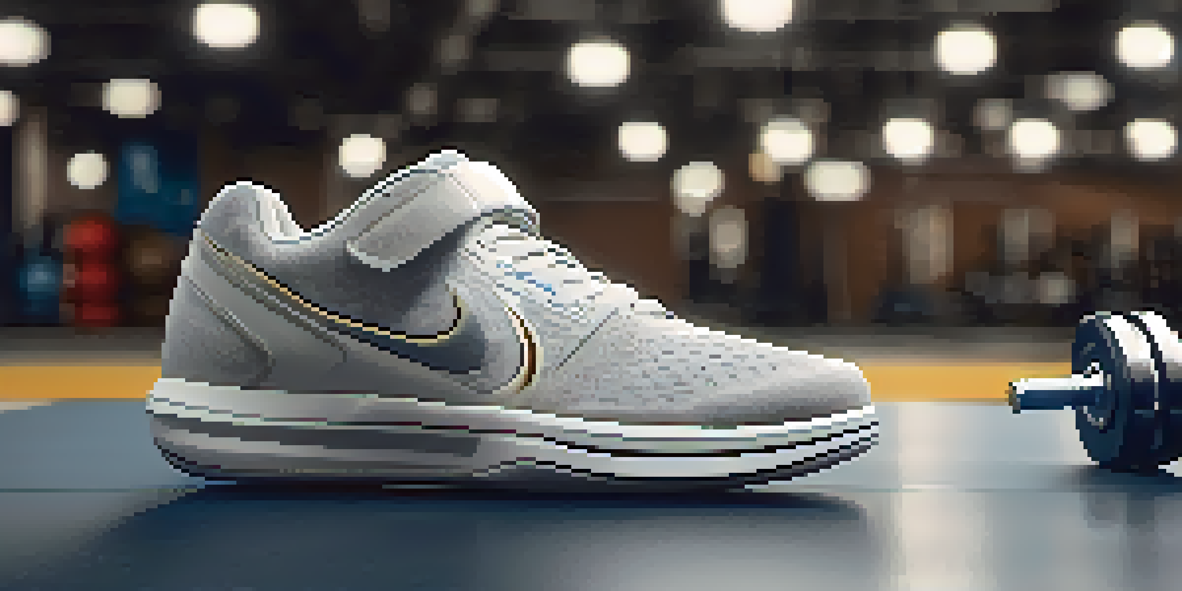 A pair of gym shoes with a flat sole placed on a gym floor, illuminated by bright lights.