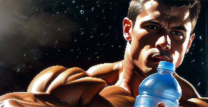 A bodybuilder holding a clear water bottle with condensation, showcasing their intense expression and muscular detail.