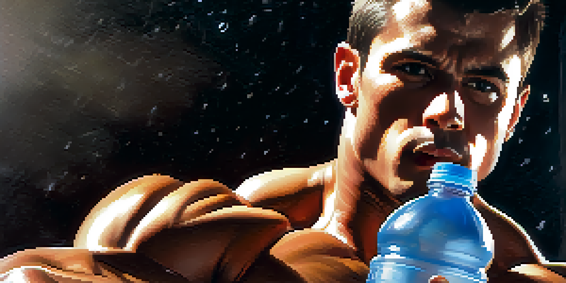 A bodybuilder holding a clear water bottle with condensation, showcasing their intense expression and muscular detail.