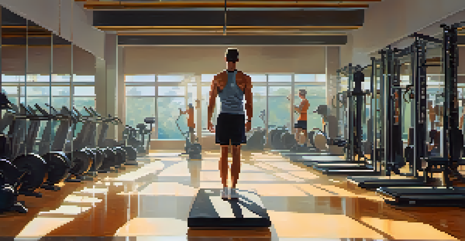 An athlete stretching their shoulders in a gym, preparing for a workout with gym equipment in the background.
