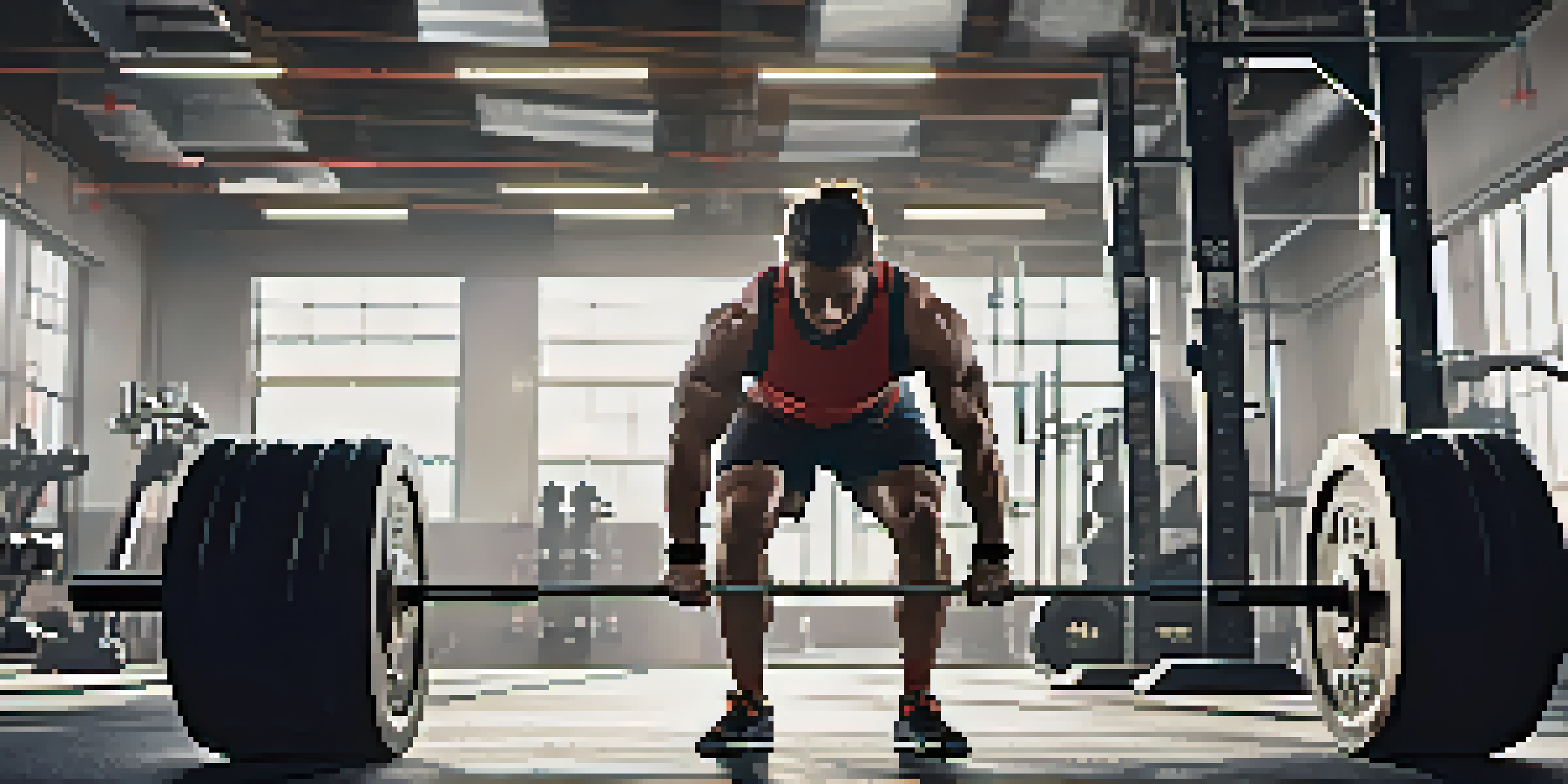 A determined fitness enthusiast lifting weights in a modern gym, surrounded by various equipment and motivational posters.