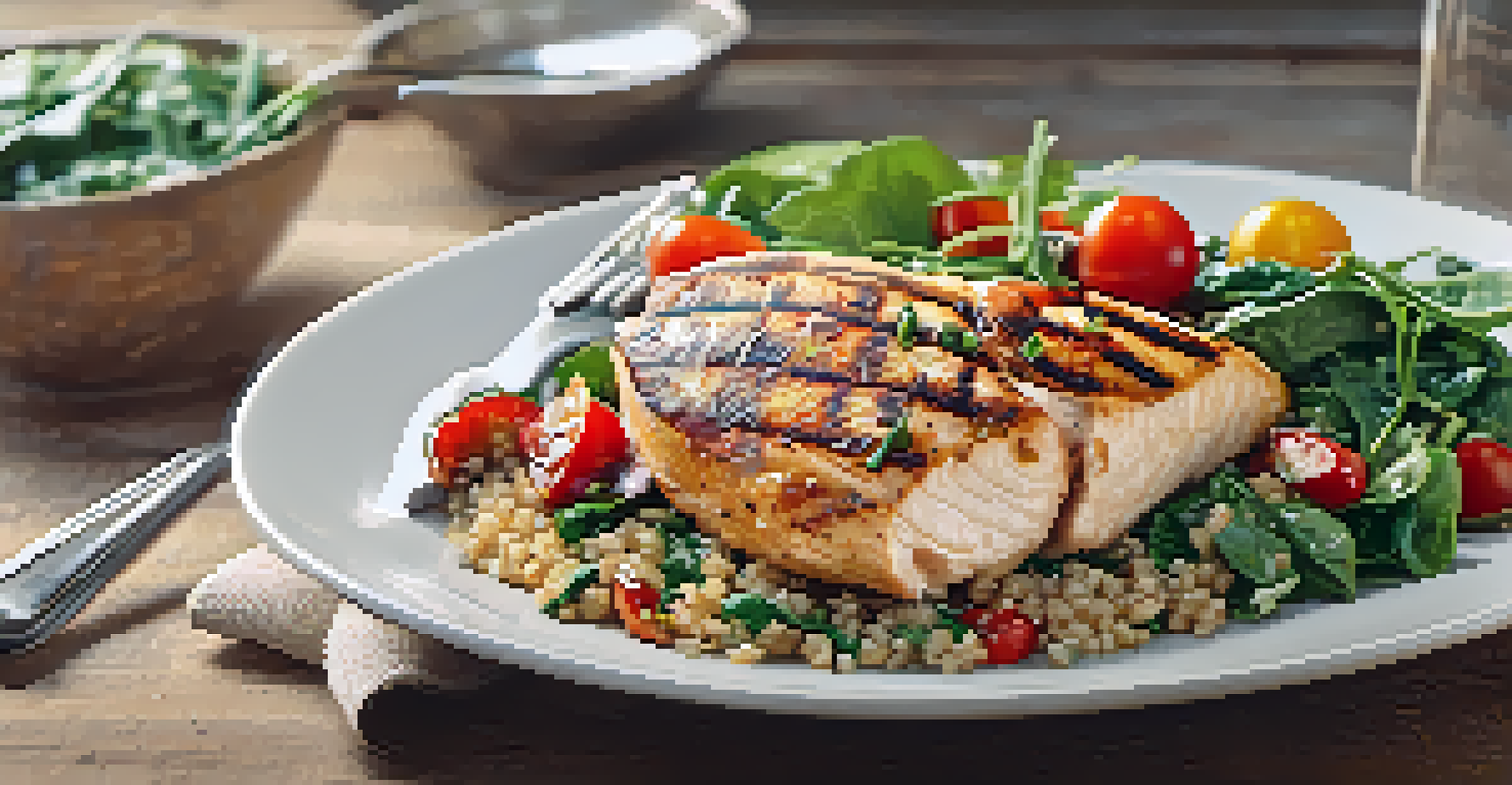 A close-up of a protein-rich meal including grilled chicken and quinoa salad on a wooden table, highlighting the importance of nutrition in fitness.