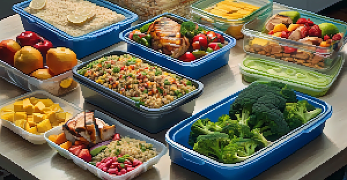 A meal prep table filled with healthy food containers, including grilled chicken, quinoa, and fruits, in a well-lit kitchen.