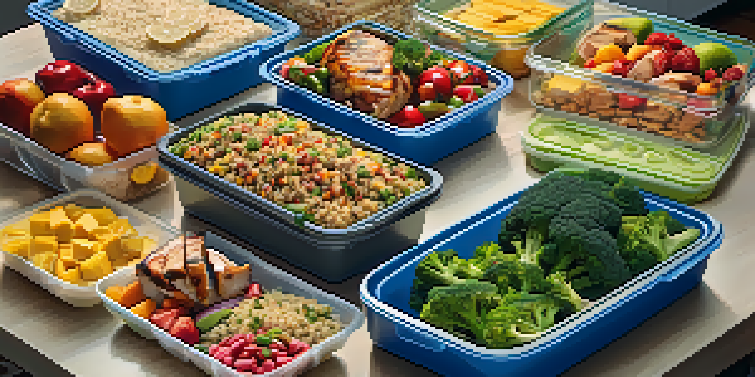 A meal prep table filled with healthy food containers, including grilled chicken, quinoa, and fruits, in a well-lit kitchen.