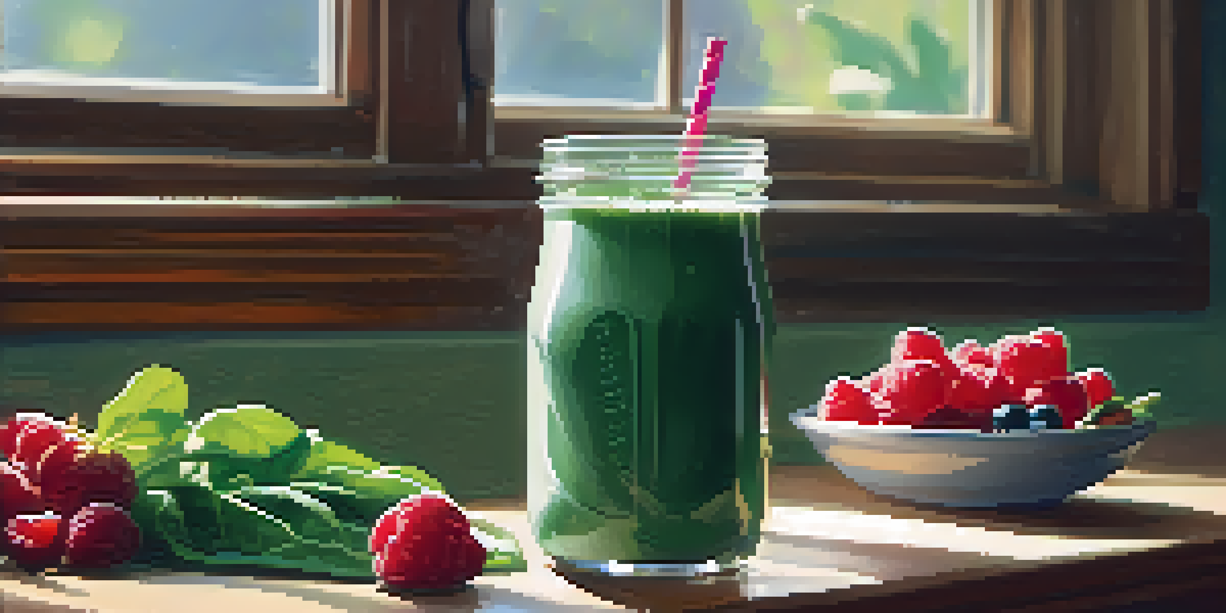 A colorful protein shake in a clear glass on a wooden kitchen counter, with ingredients like spinach and berries nearby.