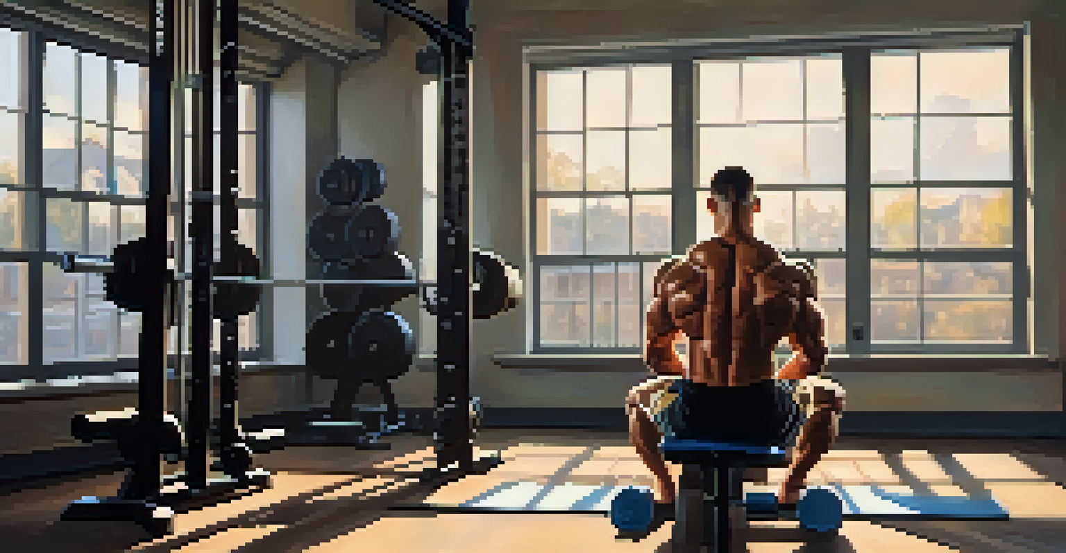 A bodybuilder practicing mindfulness before lifting weights in a calm gym environment.