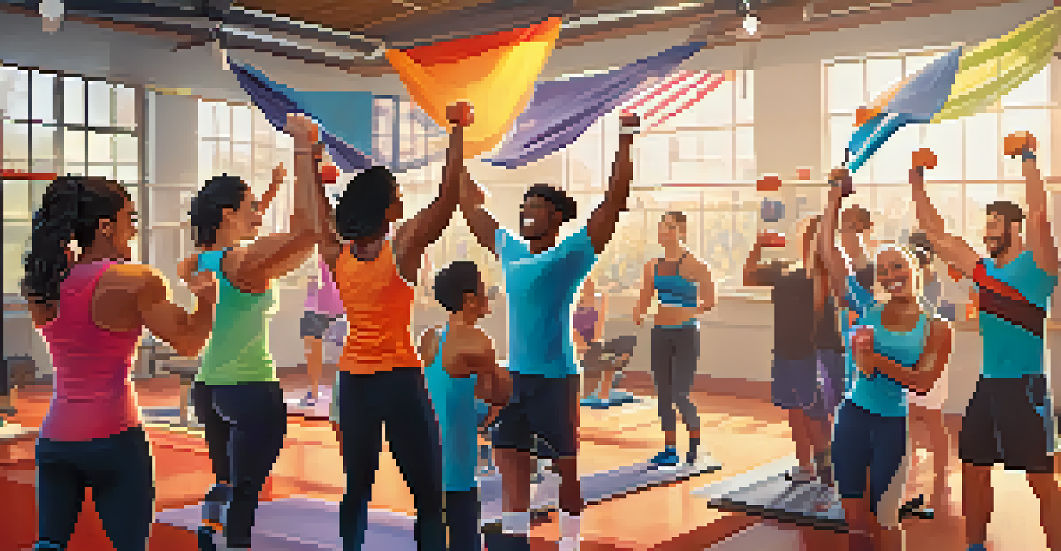Friends celebrating a personal achievement in a gym, high-fiving each other in a joyful atmosphere.