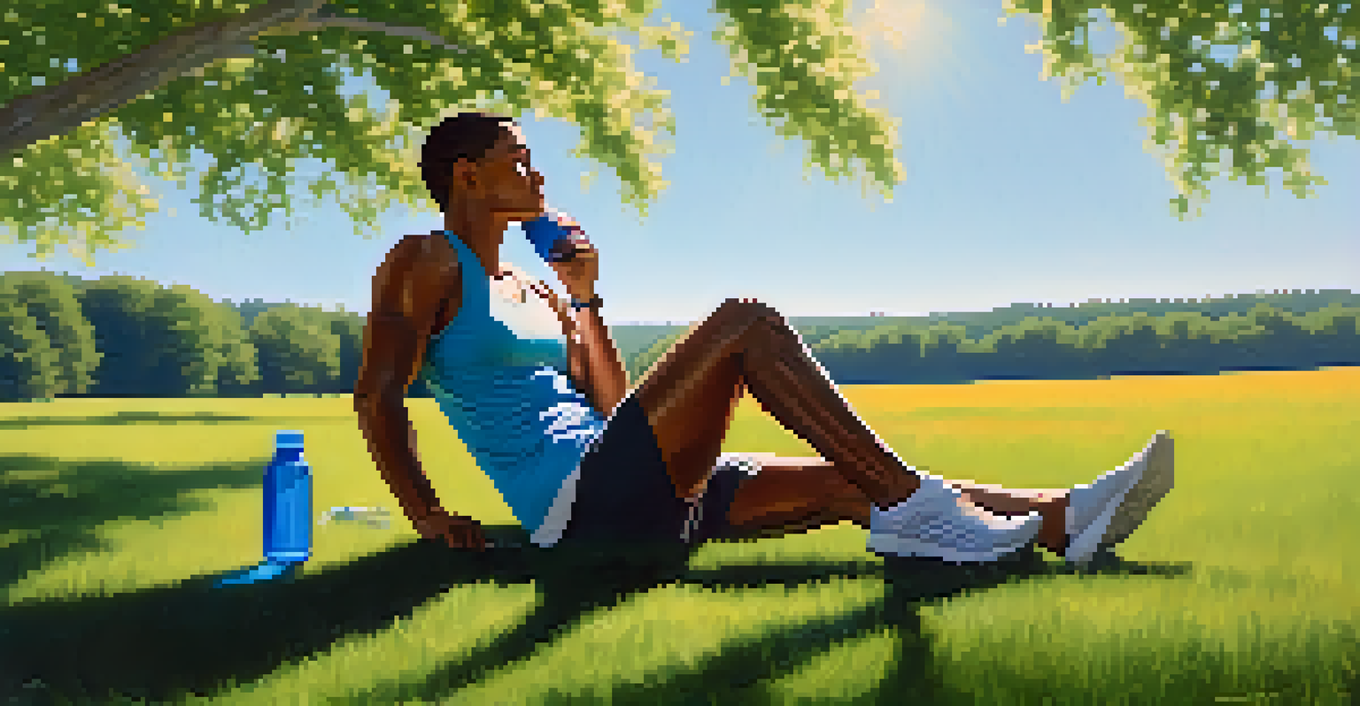 An athlete resting on a green field under a clear blue sky, with a water bottle nearby, surrounded by wildflowers and trees.