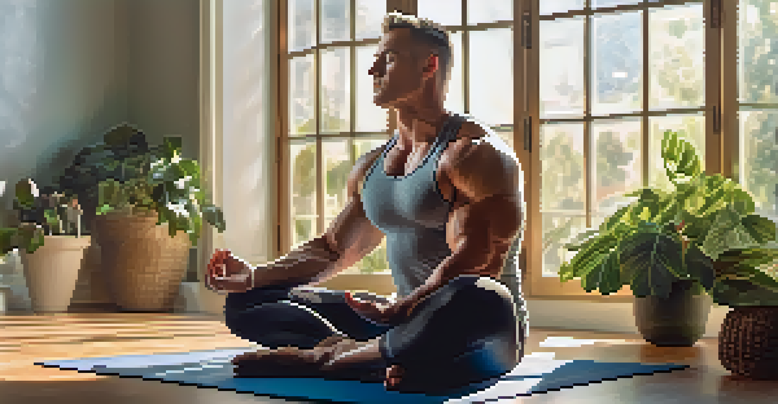 A bodybuilder meditating in a sunlit room, surrounded by greenery, promoting relaxation and mindfulness.