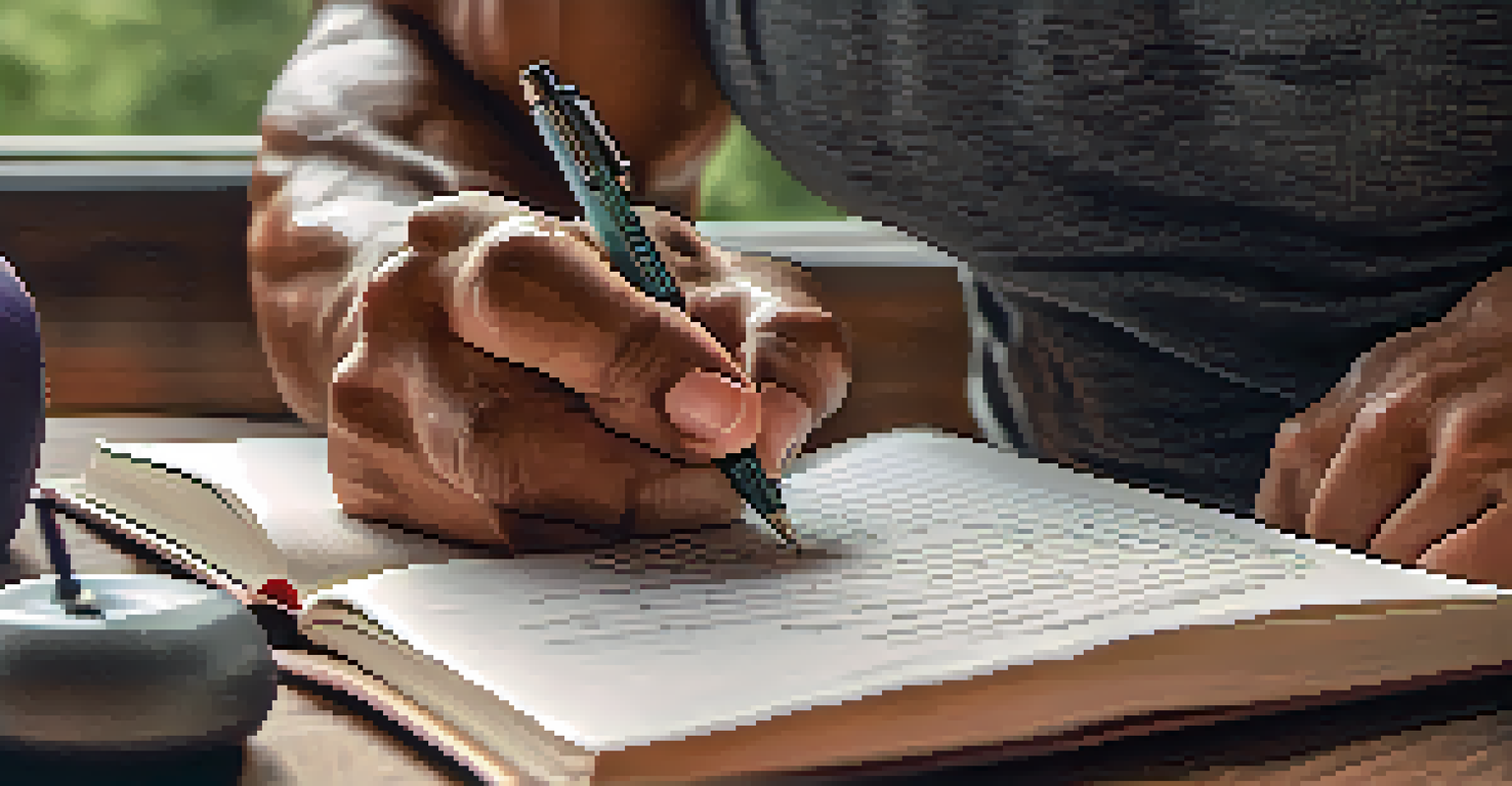 A close-up of a bodybuilder's hand writing positive affirmations in a journal, with fitness gear and motivational quotes in a cozy background, showcasing a moment of reflection.