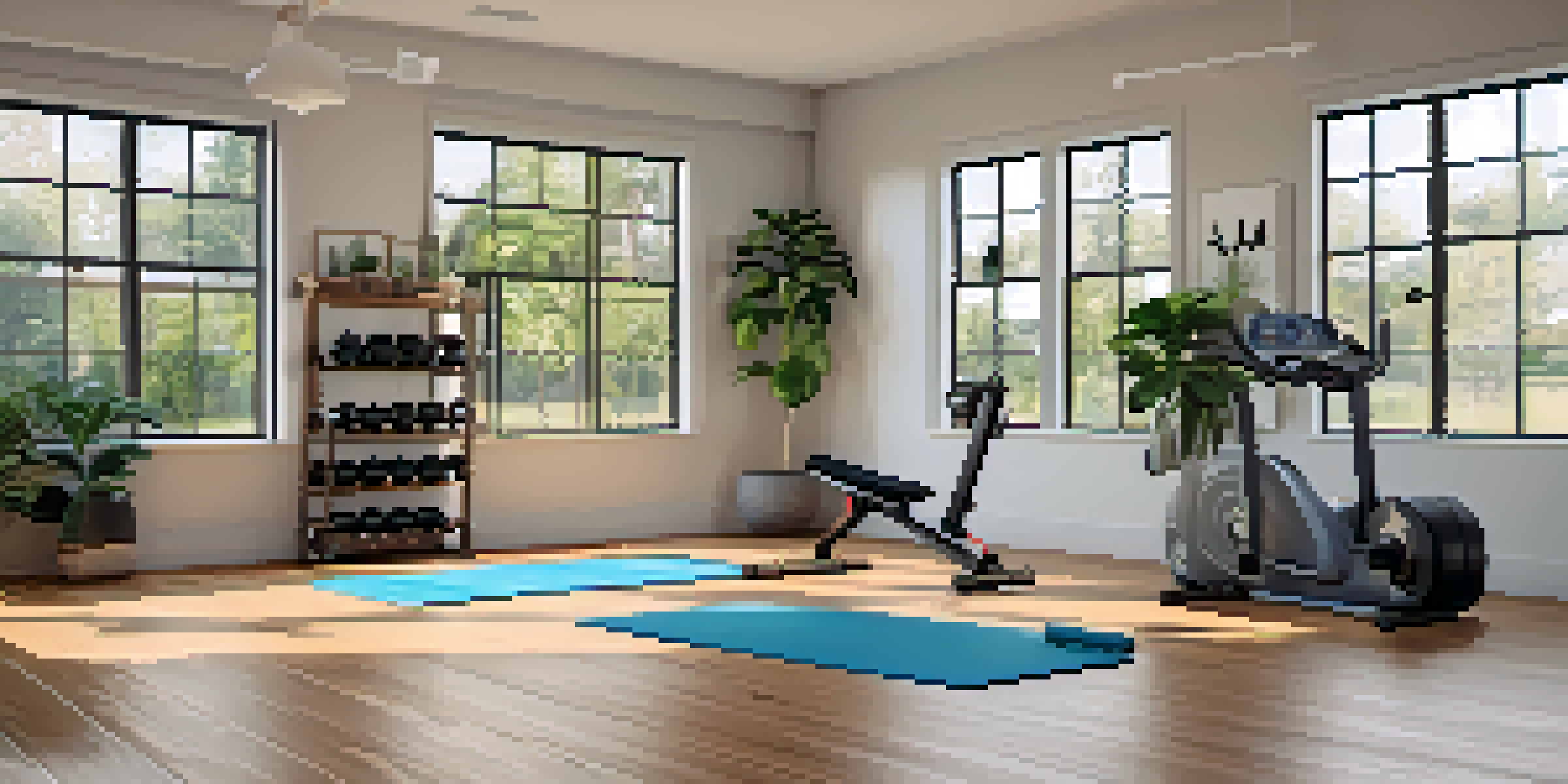 A bright and inviting home gym with weights, a yoga mat, and plants, illuminated by natural light.