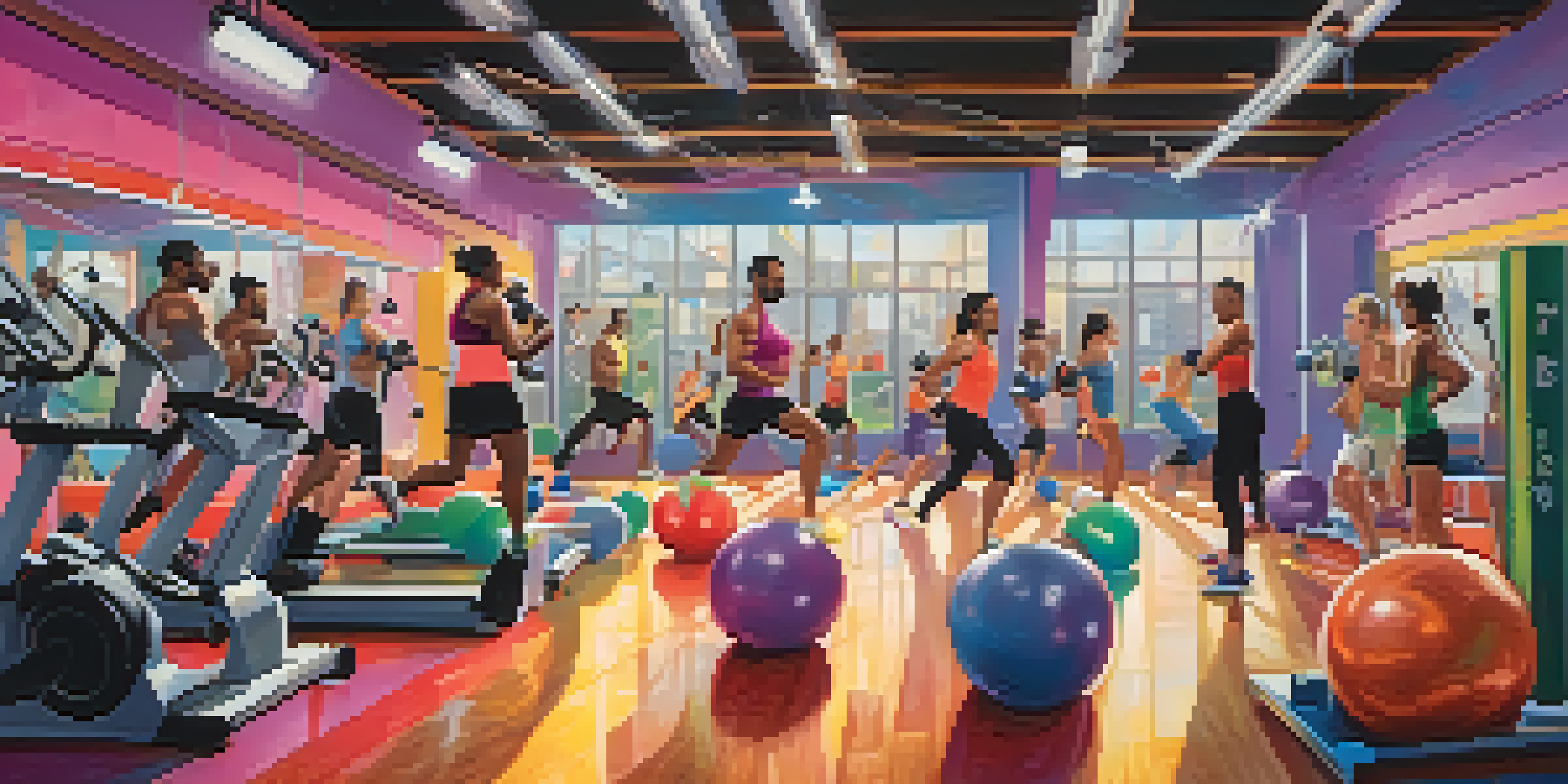 A diverse group of people working out in a colorful gym, with musical notes floating around, symbolizing motivation.