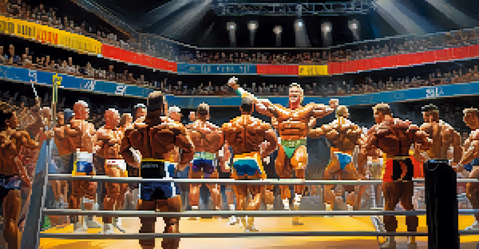 A vibrant bodybuilding competition with athletes on stage under bright lights, surrounded by an engaged audience and sponsor banners.