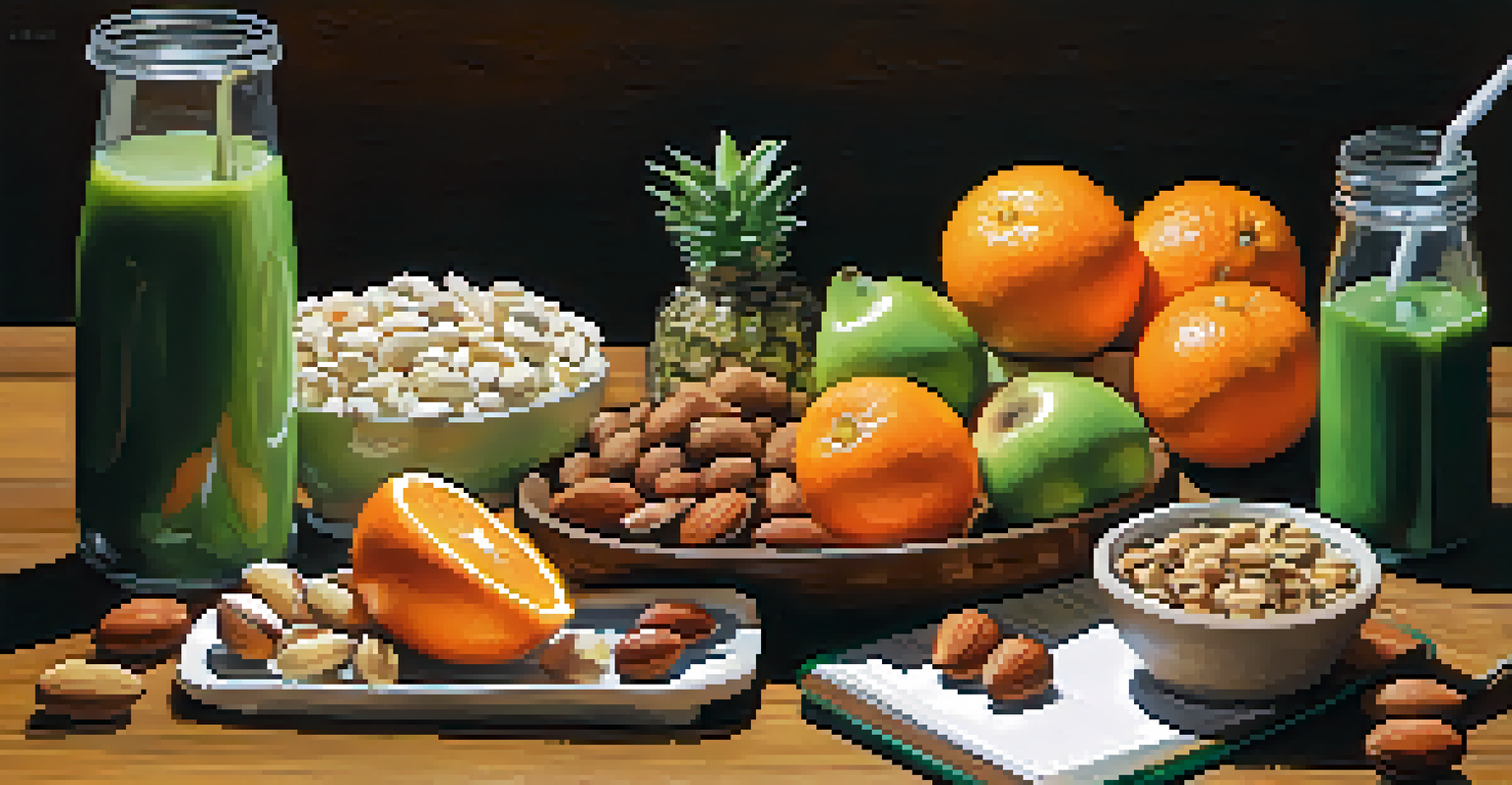 A colorful display of healthy foods and a notepad on a wooden table, emphasizing nutrition.