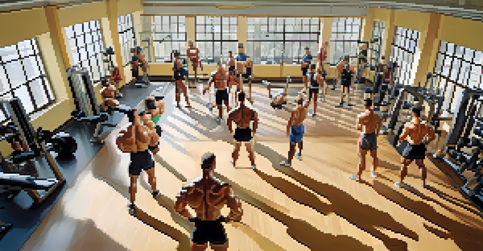 Aerial view of bodybuilders in a gym, each practicing different poses while wearing colorful gym attire.