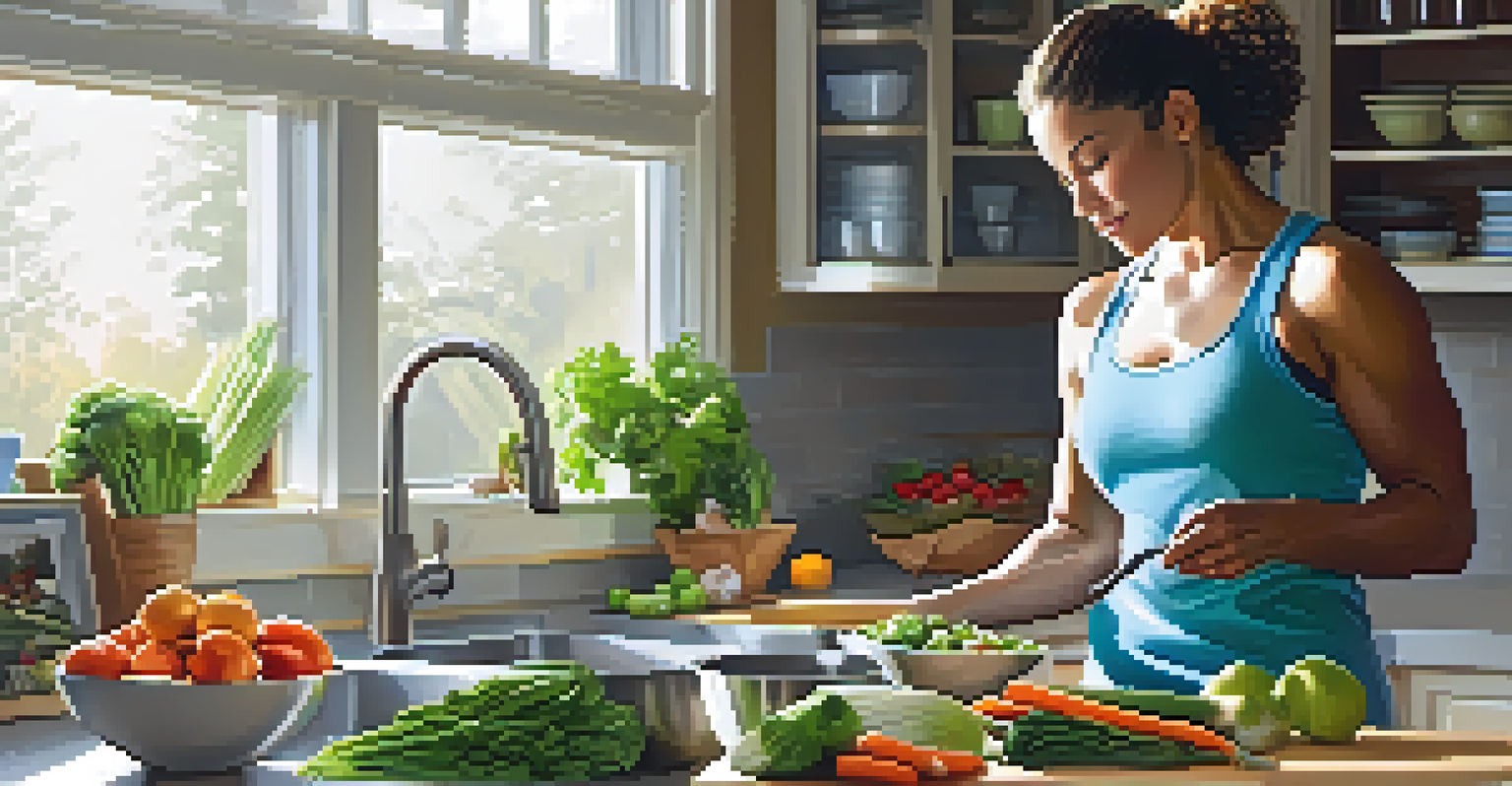 A bodybuilder preparing a healthy meal in a sunlit kitchen, surrounded by fresh vegetables and lean proteins, demonstrating mindful nutrition.
