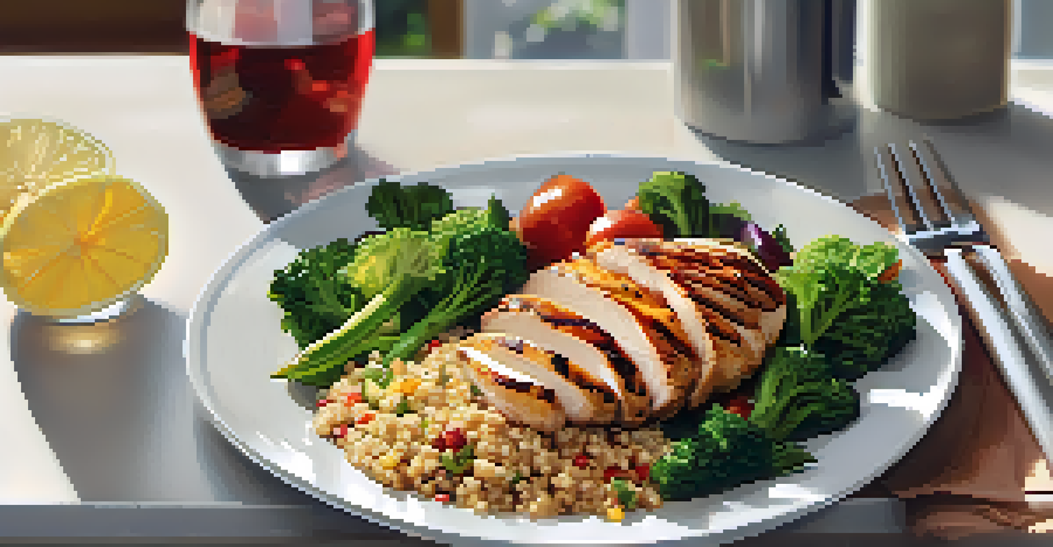 A healthy meal prep scene with grilled chicken, quinoa, and vegetables in a modern kitchen.