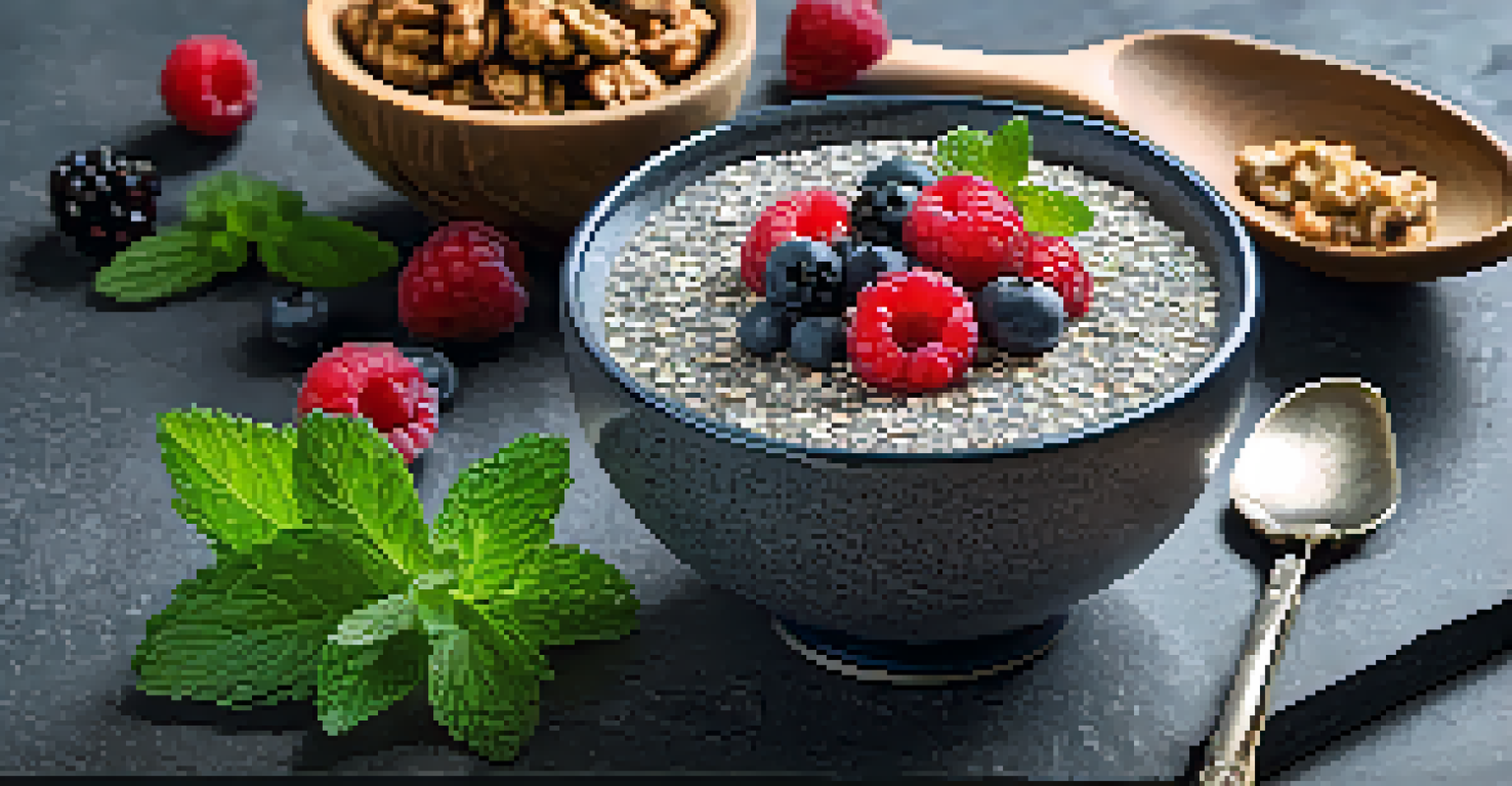 A close-up of chia seeds and walnuts next to a bowl of chia pudding topped with berries on a dark stone background.