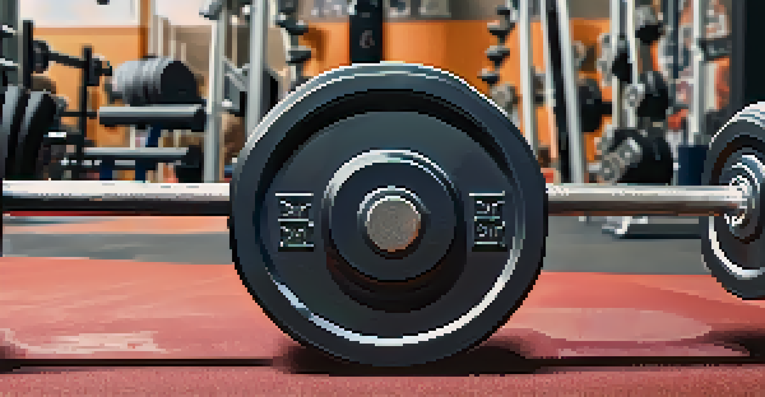 Close-up of a weight plate being loaded onto a barbell on a squat rack in a gym.