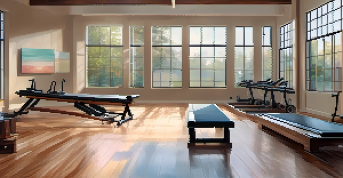 A peaceful Pilates studio with a bodybuilder practicing core exercises on a reformer, surrounded by natural light and soft colors.