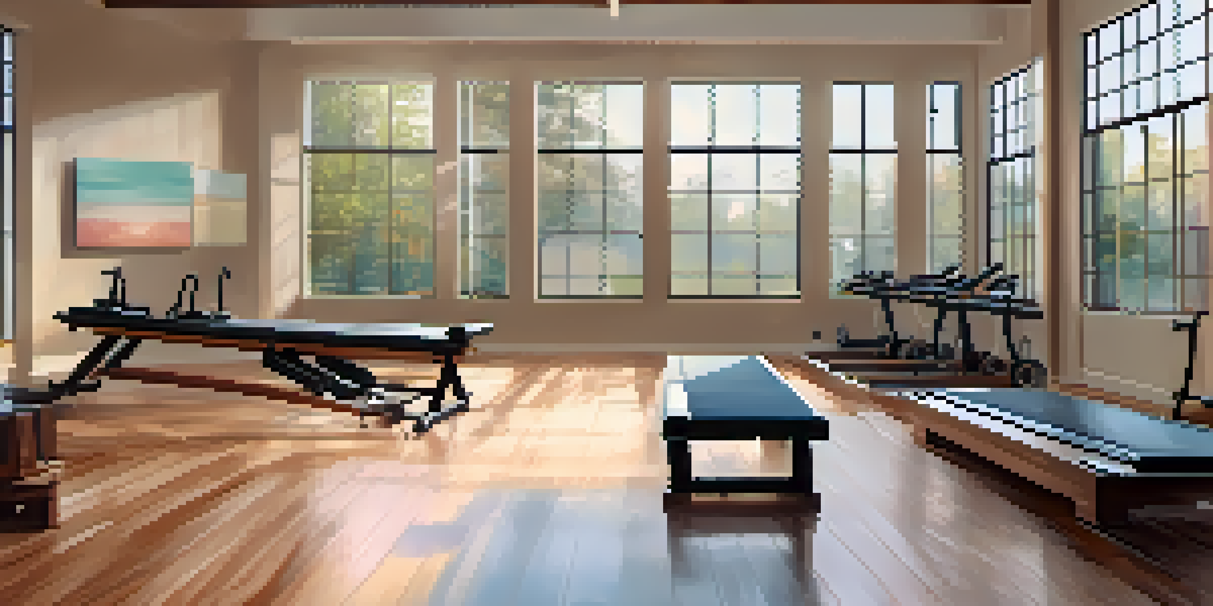A peaceful Pilates studio with a bodybuilder practicing core exercises on a reformer, surrounded by natural light and soft colors.
