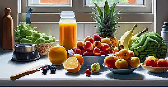 A bright kitchen with fresh ingredients and a protein shake being prepared, showcasing a healthy lifestyle.