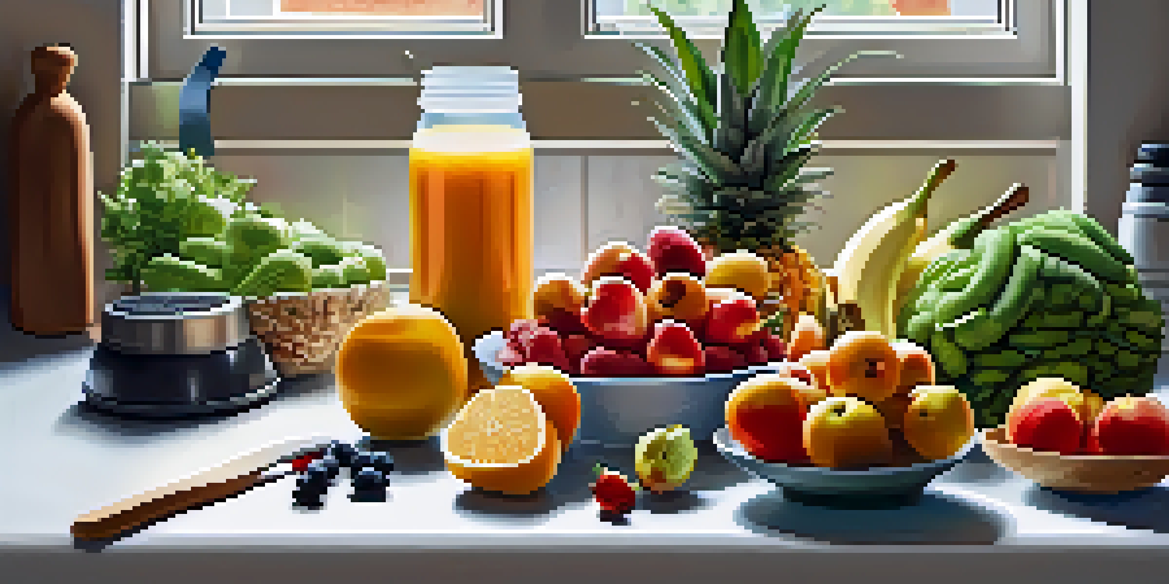 A bright kitchen with fresh ingredients and a protein shake being prepared, showcasing a healthy lifestyle.