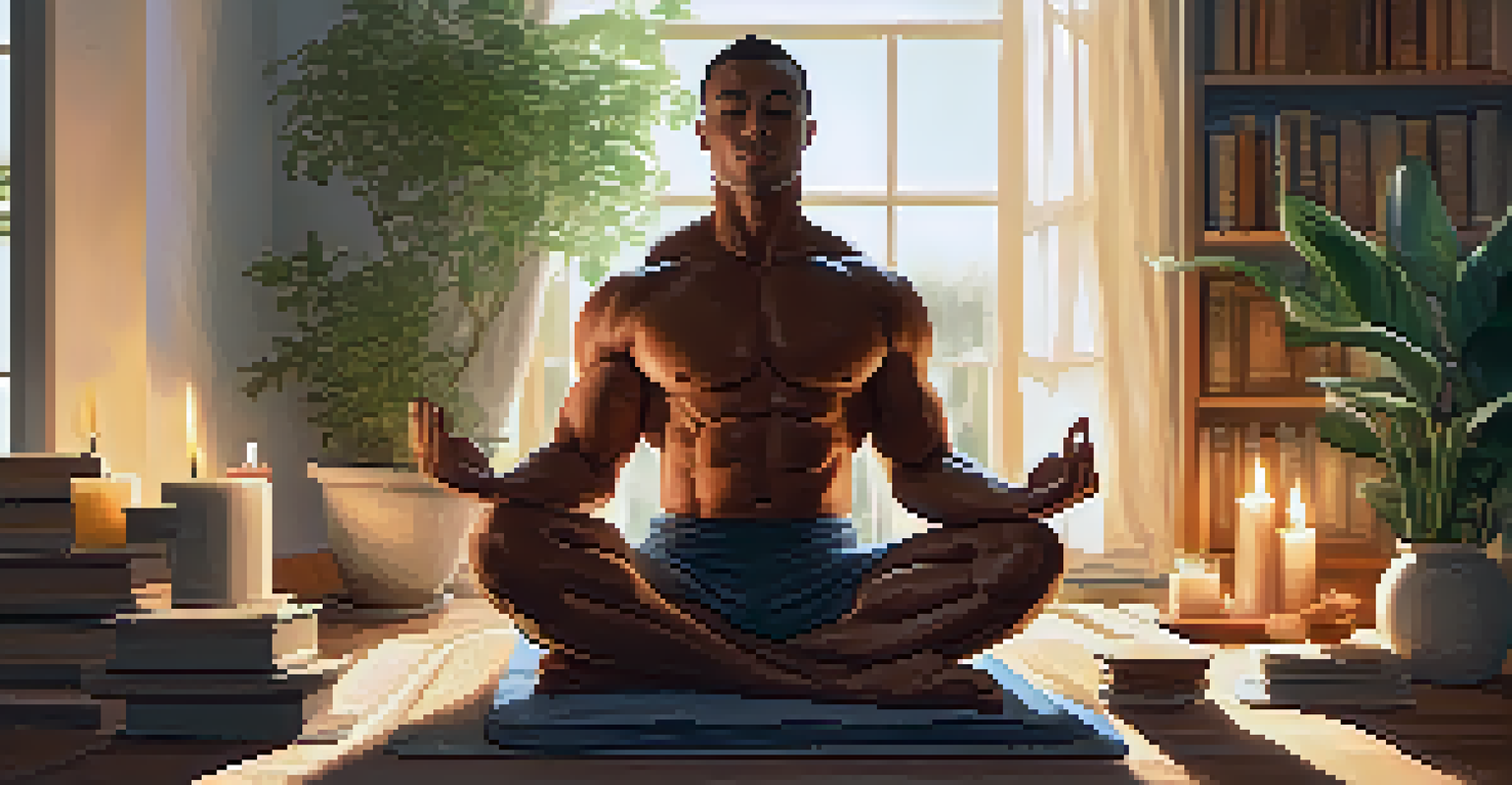 A bodybuilder meditating in a calming room, surrounded by soothing elements to enhance relaxation before sleep.