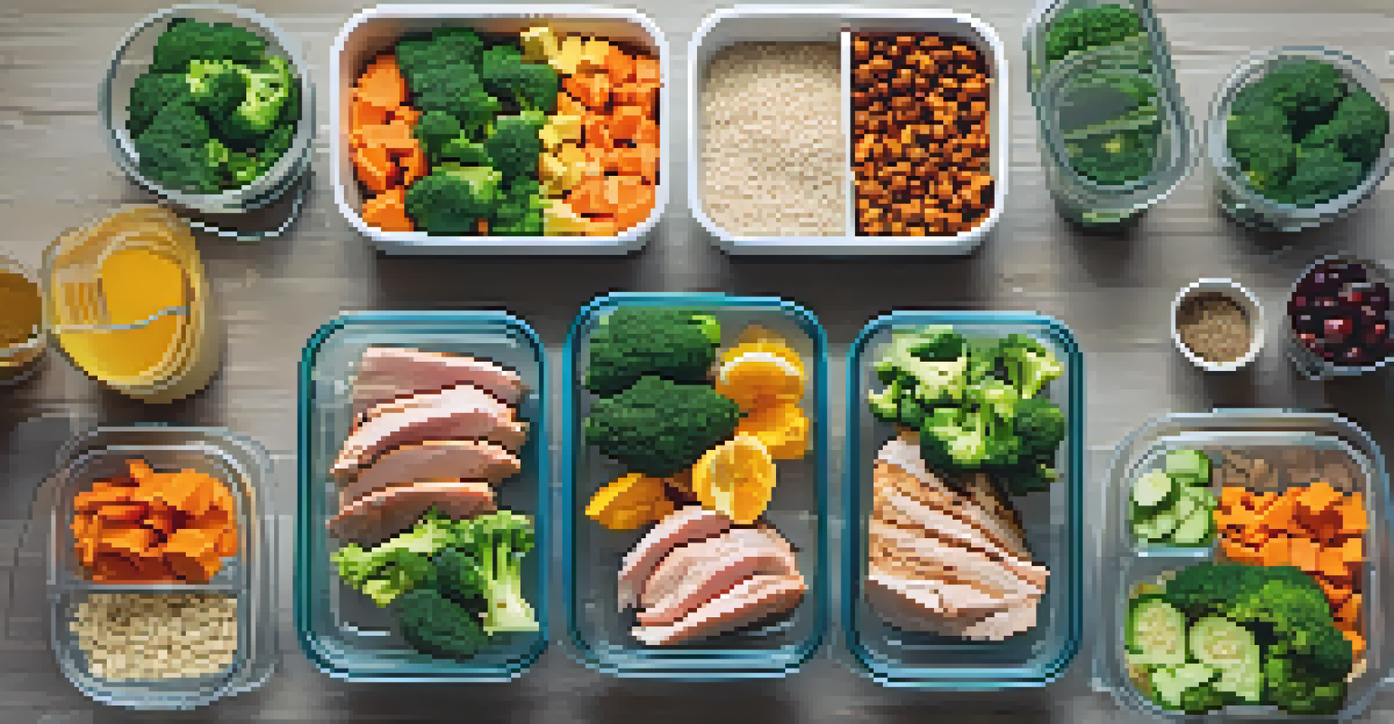 An overhead view of a healthy meal prep setup with colorful containers filled with proteins, vegetables, and grains.